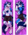  2023 anthro biped black_nose blep blue_body blue_fur blue_hair blue_markings blue_tail border butt canid canine canis chest_tuft claws clothed clothing dakimakura_design english_text fangs fur hair hi_res lying male mammal markings multicolored_body multicolored_fur multicolored_hair multicolored_tail orange_eyes pagrynga pawpads paws signature solo tail teeth text tongue tongue_out tuft underwear underwear_only white_body white_border white_fur white_hair white_tail wolf 