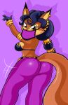  &lt;3 absurd_res accessory anthro bedroom_eyes belly_dancer blackmore breasts butt canid canine carmelita_fox ear_piercing ear_ring feet female fox hair hi_res jewelry looking_at_viewer looking_back mammal motion_lines narrowed_eyes navel piercing pink_background raised_tail ring_piercing seductive simple_background sly_cooper_(series) solo sony_corporation sony_interactive_entertainment sucker_punch_productions tail 