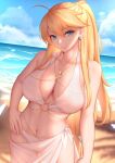  1girl absurdres ahoge arm_at_side artoria_pendragon_(fate) artoria_pendragon_(lancer)_(fate) beach bikini blonde_hair blue_eyes breasts cleavage closed_mouth cloud day earrings fate/grand_order fate_(series) genkung hand_on_own_hip highres jewelry large_breasts long_hair looking_at_viewer navel necklace o-ring o-ring_bikini outdoors ponytail ring_necklace sand sarong see-through smile solo swimsuit very_long_hair water white_bikini 