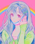  1girl absurdres blue_hair hair_ornament hairclip hand_on_own_face hand_up highres light_blue_hair long_hair long_sleeves looking_at_viewer mask mask_pull mouth_mask nail_polish original pink_background portrait purple_eyes rainbow solo sottan_(wowo0owow) surgical_mask 