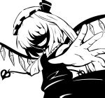  1girl :d ascot collared_shirt cowboy_shot crazy crystal evil_grin evil_smile flandre_scarlet frilled_shirt_collar frills greyscale grin hair_over_one_eye holding holding_polearm holding_weapon kibisake laevatein_(touhou) looking_at_viewer monochrome open_hand open_mouth outstretched_arm polearm puffy_short_sleeves puffy_sleeves shirt short_sleeves simple_background skirt smile solo teeth touhou vest weapon white_background wings 