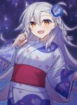  1girl :d blue_flower blush braid cowboy_shot cowlick dot_nose fate/grand_order fate_(series) flower gradient_hair grey_hair hair_between_eyes hair_flower hair_ornament hand_up japanese_clothes kimono long_hair long_sleeves looking_at_viewer multicolored_hair obi ohitashi_netsurou olga_marie_animusphere open_mouth orange_eyes orange_hair print_kimono sash short_bangs sidelocks smile solo white_kimono wide_sleeves yukata 