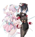  2girls alternate_costume azur_lane between_breasts black_hair black_nails blue_bow bodystocking bow breast_cutout breasts cleavage dress ear_piercing earrings eyes_visible_through_hair hair_between_eyes hair_ornament highres jewelry large_breasts leg_up microskirt multiple_girls nail_polish ohisashiburi open_mouth piercing pink_eyes pink_footwear pink_hair pink_skirt pleated_skirt plymouth_(azur_lane) puffy_short_sleeves puffy_sleeves scrunchie short_hair_with_long_locks short_sleeves simple_background skindentation skirt small_breasts taut_clothes taut_dress thighhighs ulrich_von_hutten_(azur_lane) white_background white_thighhighs wrist_scrunchie yellow_bow yellow_eyes 