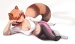  1girl absurdres animal_ears arm_support black_pants commentary crop_top english_commentary full_body highres joint_(drug) looking_at_viewer lying marijuana midriff navel ocatg on_side one_eye_closed original pants raccoon_ears raccoon_girl raccoon_tail red_eyes red_hair short_hair simple_background smoke socks solo tail tanuki tongue tongue_out white_background white_socks yoga_pants 