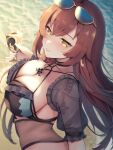  1girl blush breasts bright_pupils brown_hair cleavage closed_mouth cup earrings eden_(honkai_impact) eyewear_on_head highres holding holding_cup honkai_(series) honkai_impact_3rd jewelry large_breasts long_hair looking_at_viewer nail_polish ocean official_alternate_costume see-through smile solo standing sunglasses swimsuit ura_(hamburg_oniku) water white_pupils yellow_eyes 