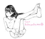  1girl barefoot breasts completely_nude feet female_pubic_hair floating_hair greyscale hamao idolmaster idolmaster_cinderella_girls kobayakawa_sae legs legs_up long_hair looking_at_viewer monochrome nipples nude pubic_hair pussy pussy_juice simple_background small_breasts smile soles solo sweat toes white_background 