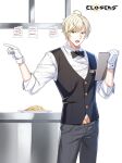  1boy :o ahoge badge belt black_belt black_bow black_bowtie black_vest blonde_hair bow bowtie clipboard closers collared_shirt copyright_name counter cowboy_shot food gloves grey_pants hands_up highres holding holding_clipboard logo looking_to_the_side male_focus noodles note official_art open_mouth pants plate pointing pointing_to_the_side red_eyes shirt short_hair sleeves_past_elbows solo teeth traditional_bowtie truss upper_teeth_only v-shaped_eyebrows vest waistcoat waiter white_background white_gloves white_shirt wolfgang_schneider 