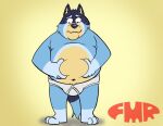  anthro australian_cattle_dog bandit_heeler barefoot black_body black_fur blue_body blue_fur bluey_(series) briefs briefs_only bulge canid canine canis cattledog clothed clothing domestic_dog feet foxmanad fur gradient_background herding_dog holding_belly male mammal navel overweight overweight_male pastoral_dog signature simple_background solo tighty_whities topless underwear underwear_only white_briefs white_clothing white_underwear yellow_background 