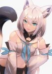  1girl absurdres animal_ear_fluff animal_ears aqua_eyes bare_shoulders braid commentary detached_sleeves fox_ears fox_tail hair_between_eyes hand_on_own_hip highres hololive leaning_forward long_hair long_sleeves looking_at_viewer ribbon-trimmed_sleeves ribbon_trim shirakami_fubuki side_braid simple_background smile solo tail takami_masahiro virtual_youtuber white_background white_hair wide_sleeves 