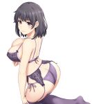  1girl absurdres ass back black_hair bra breasts cameltoe commentary_request from_above from_behind highres inanaki_shiki large_breasts lingerie looking_at_viewer looking_back looking_up panties purple_bra purple_eyes purple_panties short_hair simple_background solo sweat underwear underwear_only white_background yahari_ore_no_seishun_lovecome_wa_machigatteiru. yukinoshita_haruno 