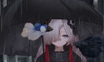  1girl absurdres banka_(merimeribanka) black_coat black_flower black_umbrella coat expressionless fish flower flying_fish grey_eyes grey_hair hair_flower hair_ornament hair_over_one_eye highres holding holding_umbrella isekai_joucho kamitsubaki_studio long_hair looking_at_viewer multicolored_hair rain red_hair solo two-tone_hair umbrella upper_body virtual_youtuber 