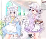  2girls :d animal_ear_fluff apron blue_eyes blue_kimono braid clothing_cutout commission dango feathered_wings fishnet_thighhighs fishnets food frilled_thighhighs frills green_tea grey_hair guild_cq hair_ornament hairclip highres indie_virtual_youtuber japanese_clothes kimono kurenagi_eri long_hair maid_headdress multiple_girls purple_kimono red_eyes short_kimono shoulder_cutout side_braid single_thighhigh skeb_commission smile sorashi_purumu tail tea thighhighs virtual_youtuber wagashi waist_apron white_apron white_thighhighs white_wings wide_sleeves wings yurufuwa_milk 