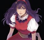  1girl asamiya_athena black_background closed_mouth earrings hair_between_eyes hairband highres irene_koh jewelry long_hair looking_at_viewer puffy_short_sleeves puffy_sleeves purple_eyes purple_hair red_hairband short_sleeves simple_background snk solo the_king_of_fighters 
