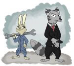  alternate_species anothercolouranon anthro canid canine clothing coveralls disney duo female fox gun hi_res jack_savage lagomorph leporid male mammal necktie rabbit ranged_weapon skye_(zootopia) suit tools weapon wrench zootopia 
