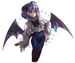 1girl ahoge bat_wings bow cowboy_shot fang hair_bow jewelry looking_to_the_side luo_qiangwei pointy_ears purple_hair red_eyes remilia_scarlet skin_fang smile solo touhou white_background wings 