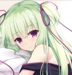 1girl bare_shoulders blunt_bangs cariboy close-up closed_mouth commentary eyelashes eyes_visible_through_hair green_hair hair_ribbon hair_spread_out head_on_pillow long_hair long_ribbon looking_at_viewer lying murasame_(senren) off_shoulder on_side purple_ribbon red_eyes ribbon senren_banka sidelocks smile straight_hair symbol-only_commentary two_side_up white_background yellow_background 
