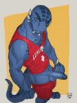  anthro balls blue_body blue_scales clothed clothing erection fist genitals hi_res horn humanoid_genitalia humanoid_penis lifeguard lion21 male penis reptile scales scalie shirt solo swimming_trunks swimming_trunks_down swimwear tank_top topwear whistle_(object) 
