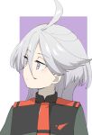  1girl ahoge bangs closed_mouth commentary_request green_jacket grey_eyes grey_hair gundam gundam_suisei_no_majo hair_between_eyes highres jacket long_hair looking_away looking_to_the_side miorine_rembran naegi_(naegidokoro) necktie purple_background red_necktie solo two-tone_background upper_body white_background 