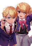  1boy 1girl blonde_hair blue_eyes blue_jacket bow bowtie brother_and_sister hair_between_eyes hoshino_aquamarine hoshino_ruby jacket long_hair necktie open_mouth oshi_no_ko pink_bow pink_bowtie pink_eyes red_necktie school_uniform shinima shirt short_hair siblings skirt smile star-shaped_pupils star_(symbol) symbol-shaped_pupils twins white_background white_shirt youtou_high_school_uniform 