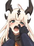 1girl absurdres ahoge arknights black_gloves blonde_hair blue_eyes blush commentary dragon_girl dragon_horns fangs gloves hair_ornament highres horns long_hair long_sleeves looking_at_viewer pov pov_hands radioneet reed_(arknights) simple_background solo_focus teeth tongue white_background 