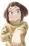  1girl absurdres boku_no_hero_academia brown_eyes brown_hair closed_mouth fengling_(furin-jp) highres looking_at_viewer outstretched_arm short_hair simple_background smile solo sweater turtleneck turtleneck_sweater uraraka_ochako white_background yellow_sweater 