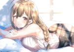  1girl ahoge ass bare_shoulders blush braid breast_press breasts brown_eyes brown_hair closed_mouth grey_skirt hair_ribbon holding_own_arm idolmaster idolmaster_shiny_colors kuwayama_chiyuki large_breasts long_hair looking_at_viewer lying on_bed on_stomach pillow plaid plaid_skirt ribbon shiitake_taishi shy single_braid skirt sleeveless sleeveless_sweater smile solo sunlight sweater white_ribbon white_sweater wince 