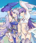  2girls :d arm_up armlet armpits bare_shoulders beach blue_eyes crop_top crossover crotch_plate detached_sleeves dress duel_monster fate_(series) fins grey_hair head_fins highres long_hair long_sleeves meltryllis_(fate) multiple_girls pelvic_curtain purple_hair sleeves_past_fingers sleeves_past_wrists smile stomach tearlaments_kitkallos thighs tiara wen_zhi_(717256) yu-gi-oh! 