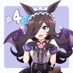  1girl animal_ears bat_wings black_gloves black_skirt blue_flower blue_rose bow bowtie brown_hair center_frills dated fang flower frilled_hairband frills gloves hair_over_one_eye hairband hands_up hashtag heart heart_hands highres horse_ears long_hair looking_at_viewer nii_manabu open_mouth purple_eyes rice_shower_(make_up_vampire!)_(umamusume) rice_shower_(umamusume) rose shirt shirt_tucked_in short_sleeves signature skirt smile solo umamusume upper_body white_shirt wings 