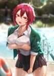  1girl absurdres aizawa_tomo artist_name between_breasts blurry blurry_background breasts fang highres looking_at_viewer open_mouth pool red_eyes red_hair senegalus_c skirt tomo-chan_wa_onna_no_ko uniform water wet wet_clothes 