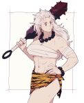  1girl abs animal_print bandaged_arm bandages beads blood blood_on_weapon bracelet breasts budget_sarashi chest_sarashi cleavage club_(weapon) commentary dorohedoro dripping earrings hair_slicked_back hand_on_own_hip hanpetos highleg highleg_panties holding holding_weapon hoop_earrings horns jewelry kanabou large_breasts loincloth long_hair looking_to_the_side muscular muscular_female navel necklace noi_(dorohedoro) oni panties prayer_beads red_eyes sarashi scratches simple_background solo spiked_club standing thong tiger_print torn_clothes underboob underwear weapon white_background white_hair 