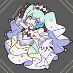  1girl :d baton blue_eyes blue_hair blush chibi dress full_body gloves harurukan hatsune_miku highres long_hair pendant_choker pokemon project_voltage rock_miku_(project_voltage) sleeveless smile solo teeth tiara twintails twitter_username upper_teeth_only very_long_hair vocaloid white_gloves 