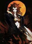  1girl bat_(animal) black_cape cape castlevania castlevania:_nocturne claws closed_mouth erzsebet_bathory full_moon gold_bra highres lion_girl looking_at_viewer moon pale_skin red_eyes red_hair roannaperoz solo uraeus vampire 