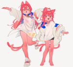  2girls barefoot black_shorts bra breasts cat_girl choker double-parted_bangs fang full_body hair_between_eyes hair_ornament jacket knifecat large_breasts long_hair looking_at_viewer multiple_girls multiple_tails name_tag open_mouth original outstretched_arms oversized_clothes oversized_shirt pink_choker pink_hair red_bra red_eyes see-through shirt shoes short_shorts shorts sidelocks sketch sneakers spandex standing tail two_tails underwear white_footwear white_jacket white_shirt 