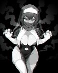  1girl brassica breasts cleavage cleavage_cutout clothing_cutout commission cowboy_shot greyscale habit highres large_breasts long_eyelashes long_hair monochrome navel_cutout nun original pelvic_curtain sharp_teeth smoke solo stitched_mouth stitches teeth thighhighs tongue tongue_out 