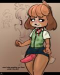  absurd_res animal_crossing animal_genitalia animal_penis anthro balls blouse blush bodily_fluids bottomwear brother_(lore) brother_and_sister_(lore) canid canine canine_genitalia canine_penis canis caught clothed clothing crossdressing digby_(animal_crossing) domestic_dog duo embarrassed erection erection_under_skirt female genitals hi_res isabelle_(animal_crossing) male male/female mammal nintendo penis shih_tzu shocked_expression sibling_(lore) sister_(lore) skirt string_bow sweat tail tail_motion tailwag text tofuuu topwear toy_dog vest 