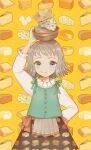  1girl :t apron arm_up basket cheese cheese_print egg food food_on_face food_print green_eyes grey_hair hand_on_own_hip holding holding_basket long_sleeves original short_hair skirt solo straight-on upper_body vest waist_apron yellow_background yunoto_(conceit) 