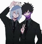  2boys ametaro_(ixxxzu) arm_up black_hair black_jacket black_necktie black_shirt blue_eyes blue_hair boku_no_hero_academia burn_scar cheek_piercing dabi_(boku_no_hero_academia) highres holding holding_phone jacket male_focus medium_hair multiple_boys multiple_scars necktie phone red_eyes scar scar_on_face selfie shigaraki_tomura shirt short_hair simple_background spiked_hair staple stapled v white_background wrinkled_skin 