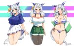  1girl alternate_costume animal_ears bikini blush breasts casual cleavage commentary_request glasses grey_hair highres hishi_miracle_(umamusume) horse_ears horse_girl horse_tail komb large_breasts medium_hair navel one_eye_closed pantyhose shorts simple_background smile solo swimsuit tail thighs umamusume 