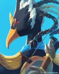  anthro avian beak blue_body blue_feathers bow_(weapon) braided_hair breath_of_the_wild feathers green_eyes hair hi_res looking_at_viewer looking_back male nintendo ranged_weapon rear_view revali rito smile solo the_legend_of_zelda underwor1dhuman weapon yellow_beak 