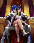  1boy 1girl armor assertive_female black_hair blue_hair blush breastplate cape commission commissioner_upload fire_emblem fire_emblem:_genealogy_of_the_holy_war girl_on_top headband highres larcei_(fire_emblem) looking_at_viewer nervous nervous_smile nextoad pauldrons public_indecency purple_eyes seliph_(fire_emblem) short_hair shoulder_armor sitting sitting_on_lap sitting_on_person smile smug stealth_sex sweat throne tomboy white_armor white_headband 