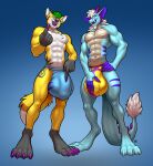  2022 anthro beckoning black_body black_fur black_markings blue_body bulge canid canine detailed_bulge digital_media_(artwork) dragon duo fox fur genitals gesture green_hair hair hi_res longblueclaw male mammal markings muscular muscular_male open_mouth penis pointing pointing_at_penis purple_markings simple_background smile standing teeth tongue tongue_out white_body white_fur yellow_body yellow_fur 