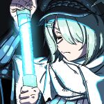  1girl blue_archive cabbie_hat closed_eyes closed_mouth energy_sword green_hair hair_between_eyes hair_ornament hair_over_one_eye hairclip hat hiyori_(blue_archive) holding holding_weapon kingbawoon long_sleeves scarf sheath simple_background solo sword unsheathing upper_body weapon white_scarf 
