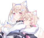  2girls ^_^ animal_ears bandaid_hair_ornament black_collar blonde_hair blue_hair blue_hairband breasts cleavage closed_eyes closed_mouth collar commentary dog_ears dog_girl dog_tail fuwawa_abyssgard hair_ornament hairband hololive hololive_english hug hug_from_behind kanae_(inorin05kanae) medium_breasts mococo_abyssgard multicolored_hair multiple_girls pink_hair pink_hairband short_hair siblings simple_background sisters smile tail twins two-tone_hair upper_body virtual_youtuber white_background x_hair_ornament 