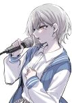  1girl bang_dream! bang_dream!_it&#039;s_mygo!!!!! blue_jacket collared_shirt commentary crying crying_with_eyes_open dress_shirt earrings grey_hair holding holding_microphone jacket jewelry long_sleeves microphone music open_clothes open_jacket open_mouth red_eyes shirt short_hair simple_background singing solo takamatsu_tomori takeshisu tears teeth upper_body upper_teeth_only white_background white_shirt 