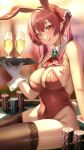  1girl :q animal_ears armpit_crease arrow_through_heart ascot bare_shoulders black_thighhighs blurry blurry_foreground breast_tattoo breasts champagne_flute commentary_request cup depth_of_field detached_collar drinking_glass fake_animal_ears fake_tail gloves hair_ribbon heterochromia highleg highleg_leotard highres holding holding_tray hololive houshou_marine kobayashi_(jna_x_rgh) large_breasts leotard light_blush long_hair looking_at_viewer looking_back playboy_bunny poker_chip rabbit_ears rabbit_tail red_ascot red_eyes red_hair red_leotard red_ribbon ribbon sitting solo strapless strapless_leotard tail tattoo thighhighs tongue tongue_out tray twintails virtual_youtuber white_gloves yellow_eyes 