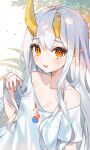  1girl absurdres bare_shoulders breasts broken_horn cheli_(kso1564) cleavage commentary_request grey_hair hair_between_eyes hand_up highres horns long_hair looking_at_viewer off_shoulder orange_eyes original pointy_ears shirt short_sleeves signature small_breasts smile solo very_long_hair white_shirt 