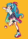  1girl :q aqua_hair black_socks edge_0605 full_body green_hair hat hatsune_miku headphones highres leg_up long_hair looking_at_viewer multicolored_hair orange_background poke_ball poke_ball_(basic) pokemon project_voltage psychic_miku_(project_voltage) shirt shoes short_sleeves simple_background skirt sneakers socks solo tongue tongue_out twintails very_long_hair vocaloid 