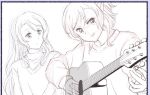  2girls bang_dream! cropped english_commentary hikawa_hina hikawa_sayo long_hair looking_at_another medium_hair monochrome multiple_girls playing_guitar siblings sisters sketch smile tongue tongue_out twins unfinished xin_(blueramen) 