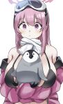  1girl absurdres animal bikini bird black_bikini blue_archive blush breasts eimi_(blue_archive) eimi_(swimsuit)_(blue_archive) goggles goggles_on_head halo highres jacket kudo_udon large_breasts long_hair long_sleeves looking_down official_alternate_costume parted_lips penguin pink_eyes pink_hair pink_halo pink_jacket simple_background solo swimsuit upper_body white_background 