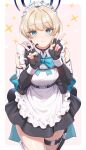  1girl apron bangs bare_shoulders black_gloves blue_archive blue_bow blue_eyes bow closed_mouth double_v dress fangxiang_cuoluan fingerless_gloves frilled_apron frills gloves highres holster looking_at_viewer maid maid_apron maid_headdress solo sparkle thigh_holster thigh_strap thighhighs toki_(blue_archive) v waist_apron white_apron 